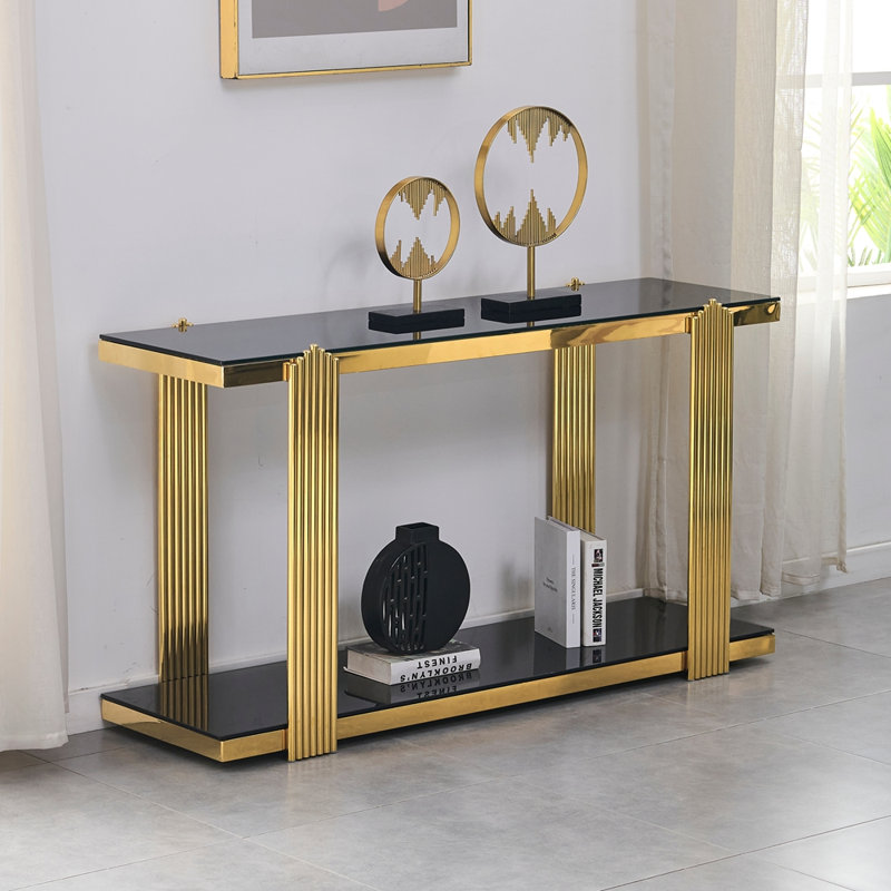 Console 55 po avec miroir à deux niveaux, idéale pour les salons, les couloirs et les vestibules, Gold