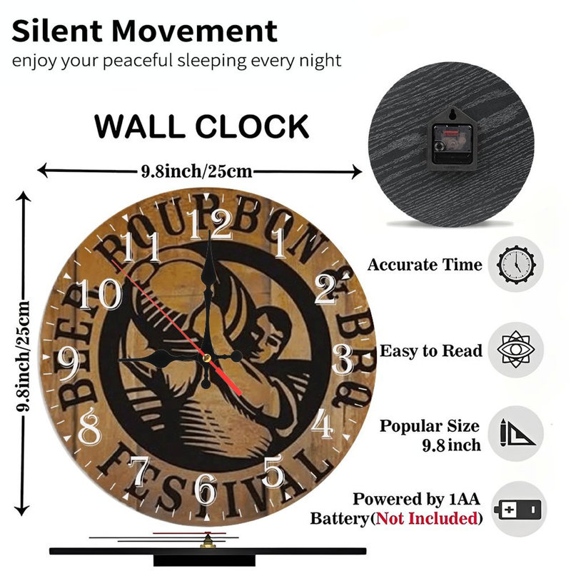 Horloge murale en bois 10 po, mouvement silencieux, à piles (piles AA non incluses), décor artistique, parfait pour les décorations