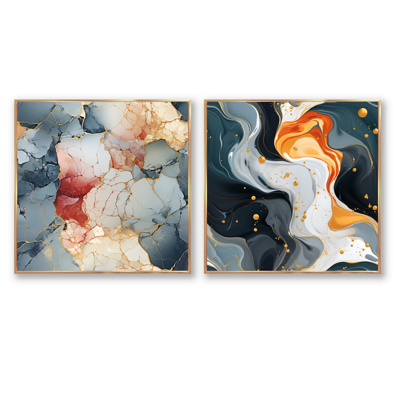 Lamorteau - Ensemble de 2 collages abstraits carrés, Cadre flottant doré, H 36 po x l 73 po