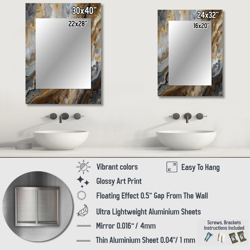 Gold And Grey A Marble Effect I - Marble Wall Mirror, Gold Decorative Mirror, Printed Metal Art, 32" x 24"