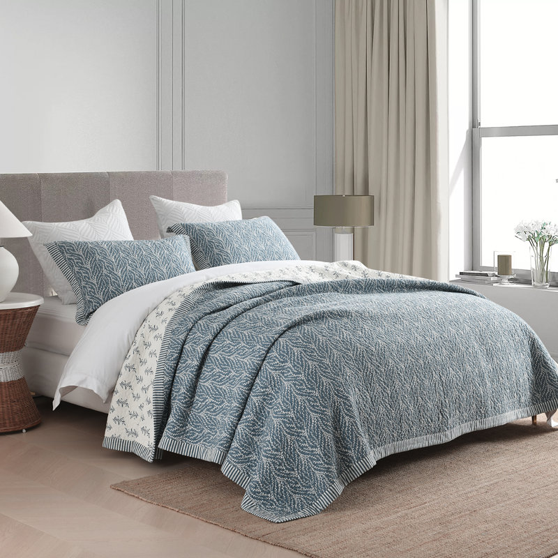 Ensemble de courtepointe en coton, Courtepointe pour lit grand + deux taies décorati, Toile bleue