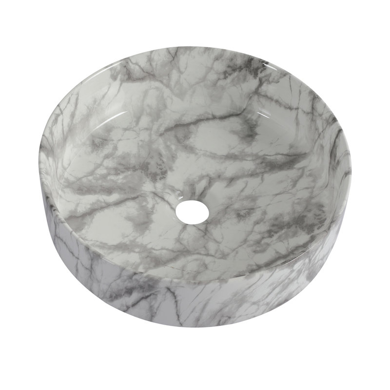 Lavabo de salle de bain rond en céramique sur fond blanc avec motifs gris (UNOR B QQ), Blanc / Gris