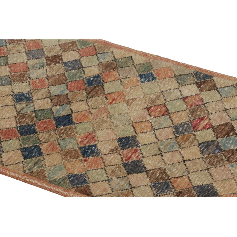 Vintage Distressed Runner Rug, Polychromatic Geometric Design - Rug & Kilim