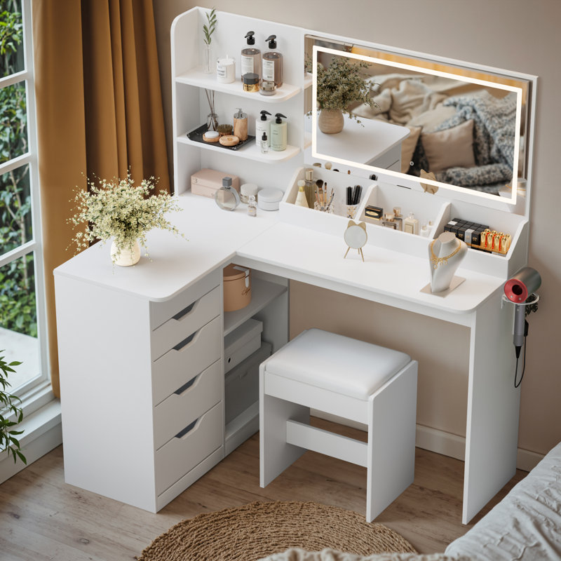Corner Makeup Vanity Desk with Lights and Mirror, 47" L Shaped Vanity Set with Cushioned Stool& Charging Station, , 5 Drawer, Adjustable 3 Lighting Mode, Bedroom Large Dressing Table