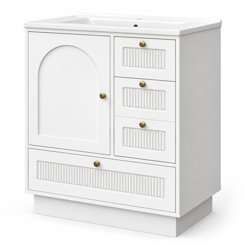 Meuble-lavabo simple autoportant de 30 po avec lavabo en céramique et tiroir électrique intégré, blanc