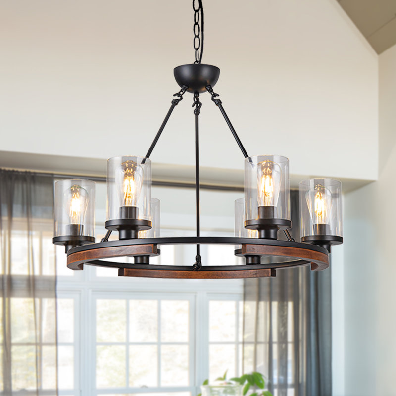 6-Light Wooden Circle Wagon Wheel Chandelier