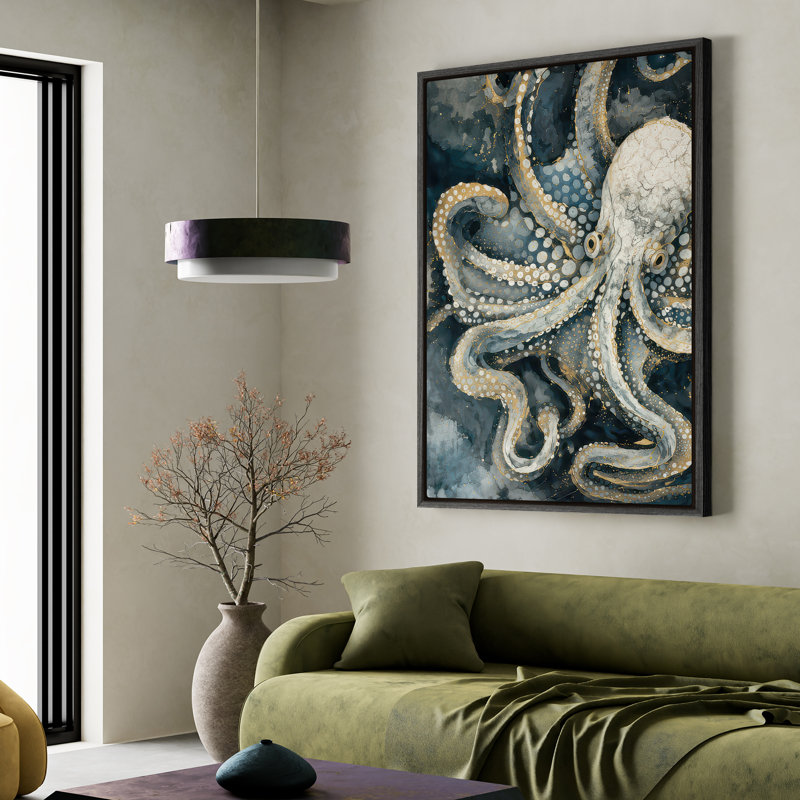 Art mural encadré sur toile - Pieuvre rétro aux couleurs de l'océan profond - 16 po x 24 po, 24 po x 36 po, 36" H x 24" W