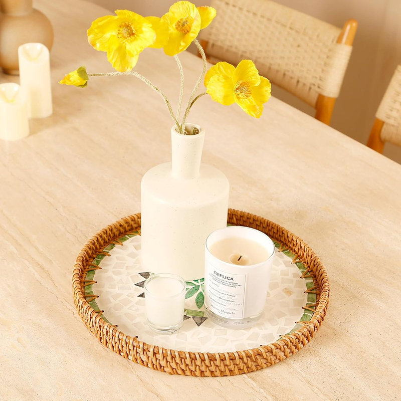 Round Rattan Tray With Mother Of Pearl Inlay & Wooden Base - Dec...