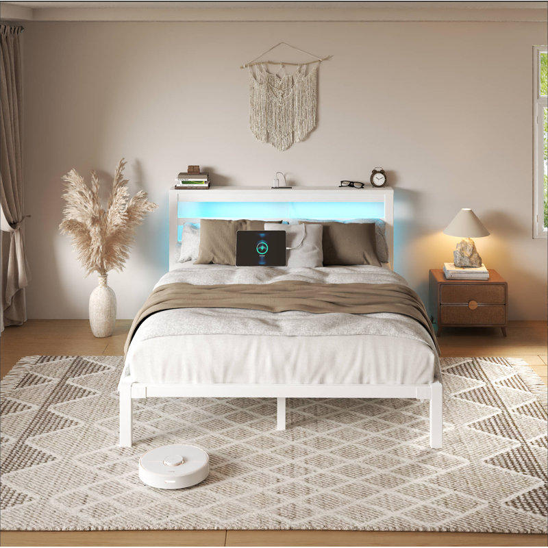 Full Metal Platform Bed with Storage Headboard, Charging Station, LED Lights, Easy Assembly, White, Full, White