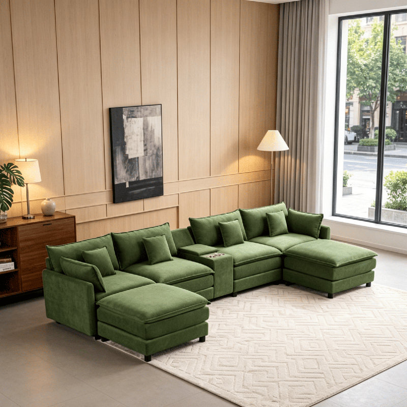 Canapé modulaire en U 4 places - chenille, table basse, assemblage facile, coussins compressés, CSN-W5808S00001 Vert