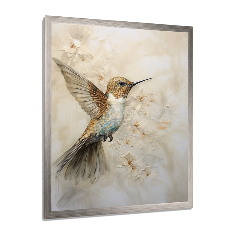 Colibri floral flottant III - Art mural colibri pour le salon, Cadre simple argenté, H 44 po x l 34 po x P 1,5 po