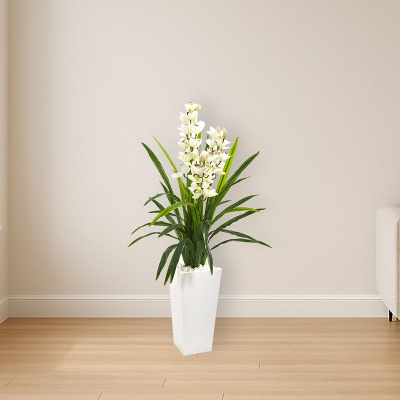 Cymbidium Orchid Artificial Plant in White Planter