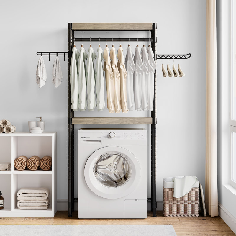 Étagère sur laveuse et sécheuse, support à linge réglable à 2 niveaux avec crochets, rangement robuste en acier et bois