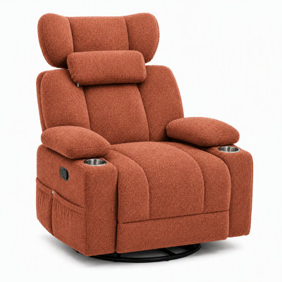 Fauteuil inclinable manuel à bascule pivotant, revêtement en chenille avec appui-tête réglable, accoudoirs rabattables et porte-gobelets doubles pour le cinéma maison de salon