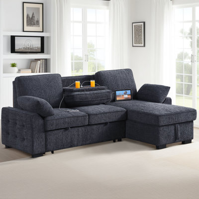 91" Convertible Sleeper Sectional Sofa with Pull-Out Bed, Storage Armrest, and Storage Chaise