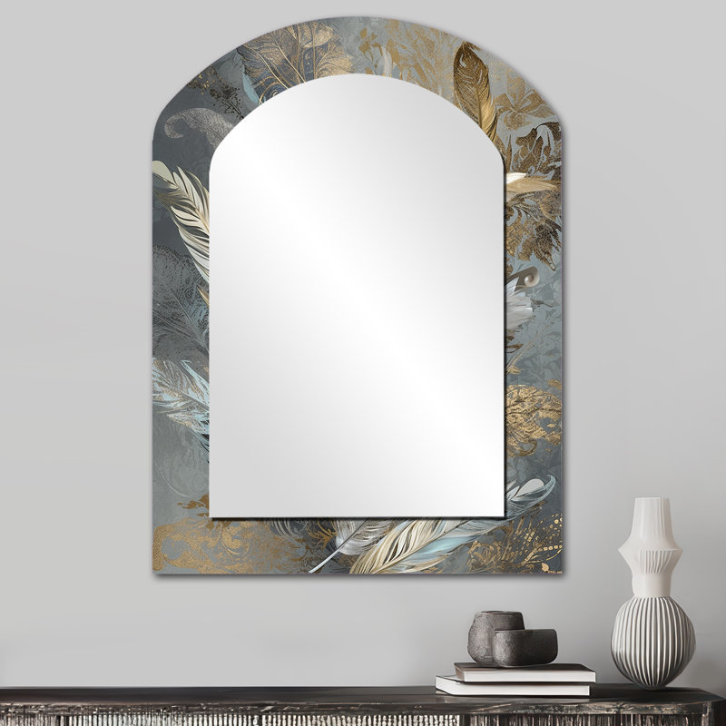 Gold Feather Extravaganza V - Floral Arch Decorative Mirror On Metal, 34 po x 25 po