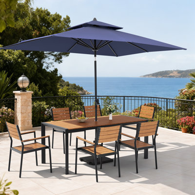 6-Person Aluminum Outdoor Dining Set with Stacking Chairs, Patio Umbrella and Weighted Base