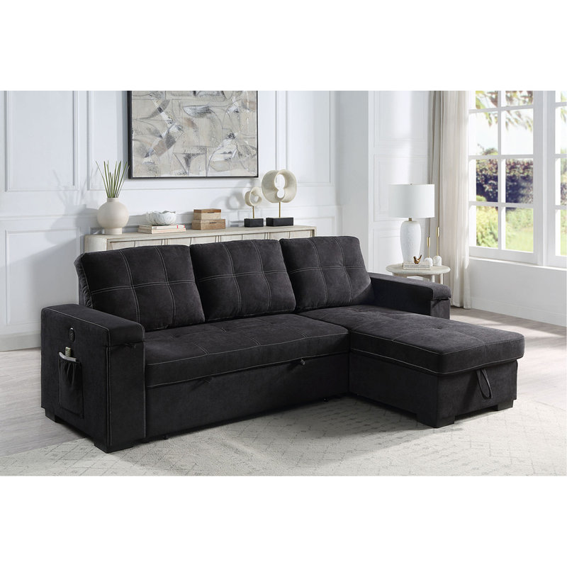 Canapé-lit modulaire réversible en tissu tissé avec porte-gobelet de rangement, Noir