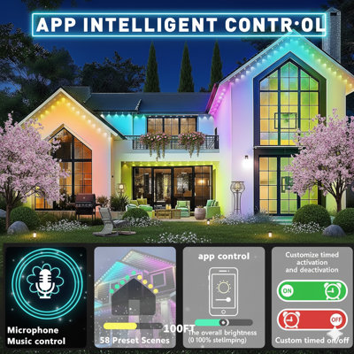 Éclairage extérieur permanent 100 pieds, IP67 imperméable, pour le toit de la maison, Noël, vacances, fête, éclairage quotidien, lumières extérieures intelligentes RVB avec télécommande APP et scènes de bricolage