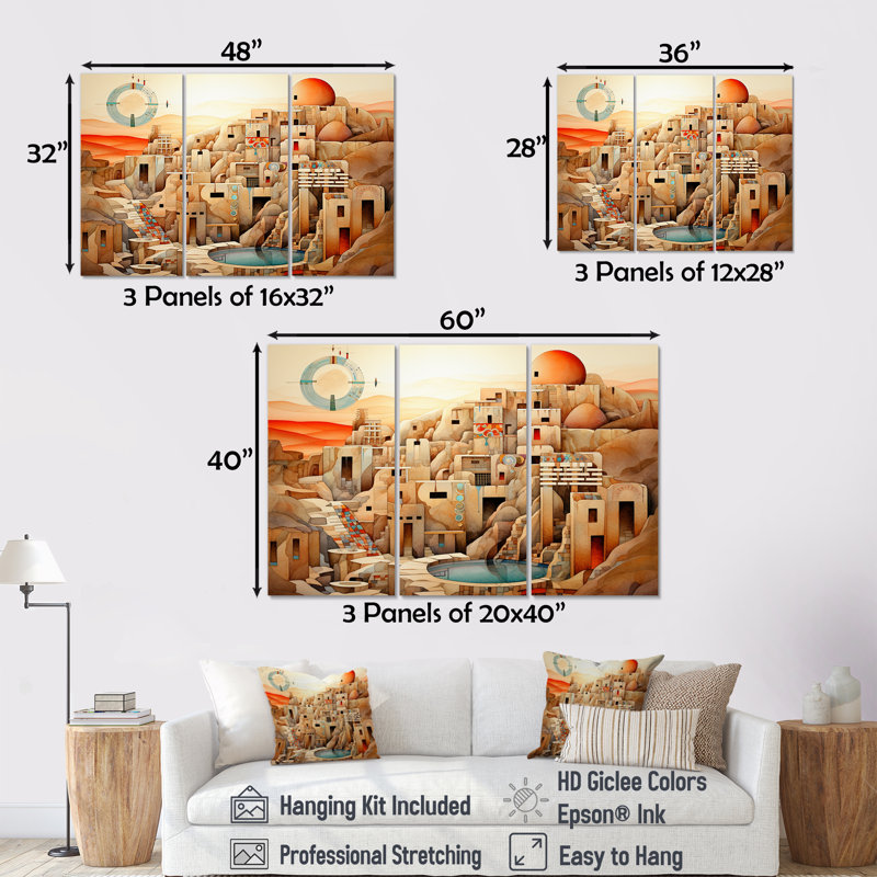 Native Glorious City Landscape I - Ensemble d'art sur toile Native American, H 28 po x l 36 po x P 1 po