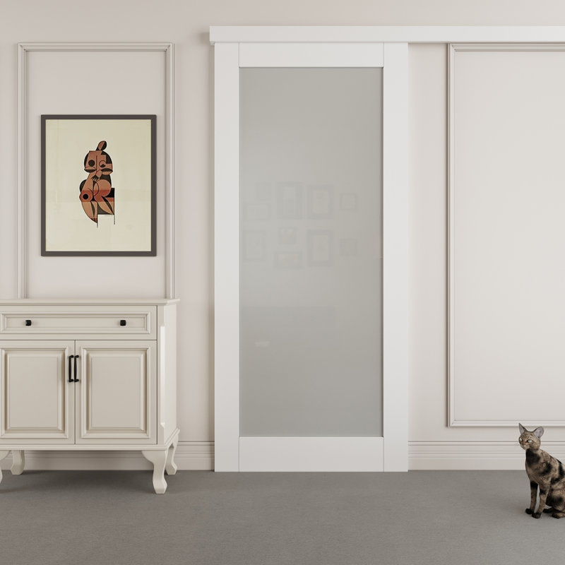 80" Hidden Style Track White Primed 1-Lite Frosted Glass Sliding Barn Door With Hardware Kit（No Assembly Required）, 36" x 80"