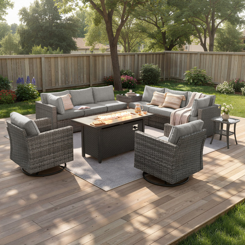 Ensemble de conversation pour patio 11 pièces avec canapé modulaire modulaire, chaises berçantes pivotantes et table foyer