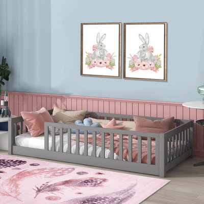 Twin Size Floor Bed For Kids With Safety Guardrails And Door And Slats,Without Door by Harriet Bee