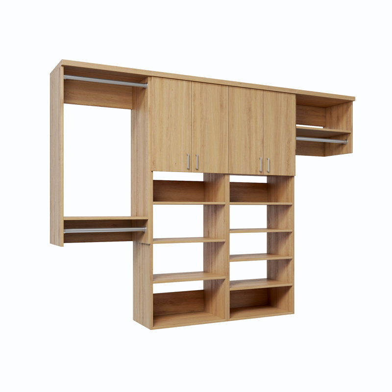 Natural Oak 108" Wall-Mounted Single Wall Closet System with 4 Sections, Slab Doors, 3 Clothing Rods & 15 Shelves, 108