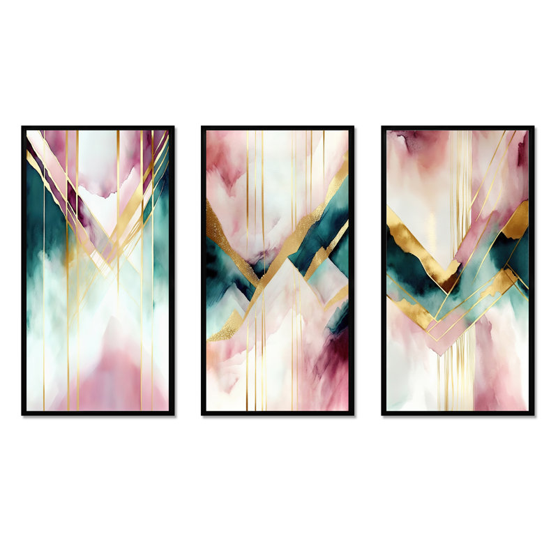 "Abstrait géométrique rose et vert", 3 pièces sur toile, Cadre flottant noir, H 32 po x l 48 po