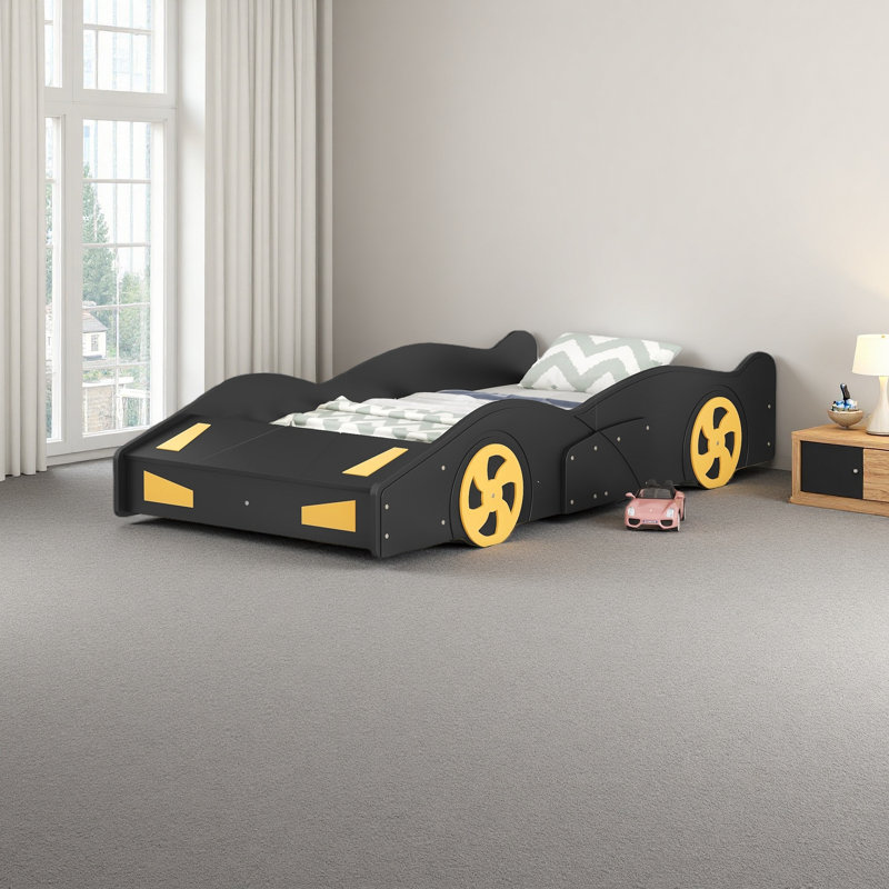 Lit plateforme avec roulettes et rangement Race, Lit simple, Noir; jaune