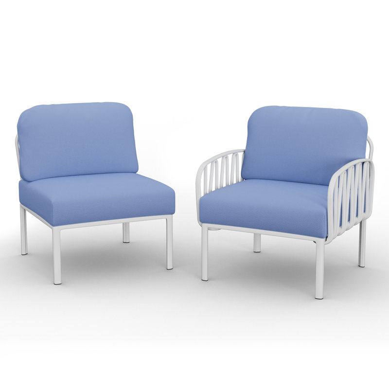 Chaise d'extérieur en résine avec coussins, Blanc / bleu