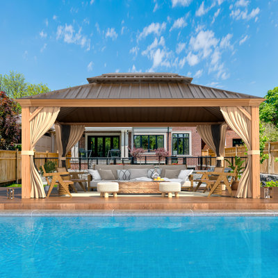 12 ft. W x 16 ft. D Aluminum Patio Gazebo with Double Roof – Wood-Grain Frame, Galvanized Steel Top, Curtains & Netting – Large Permanent Pavilion for Patio, Lawn & Deck