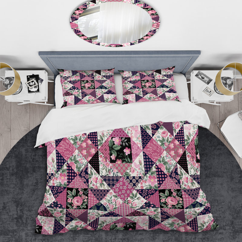 Patchwork floral rose - ensemble de housse de couette abstrait - microfibre de polyester