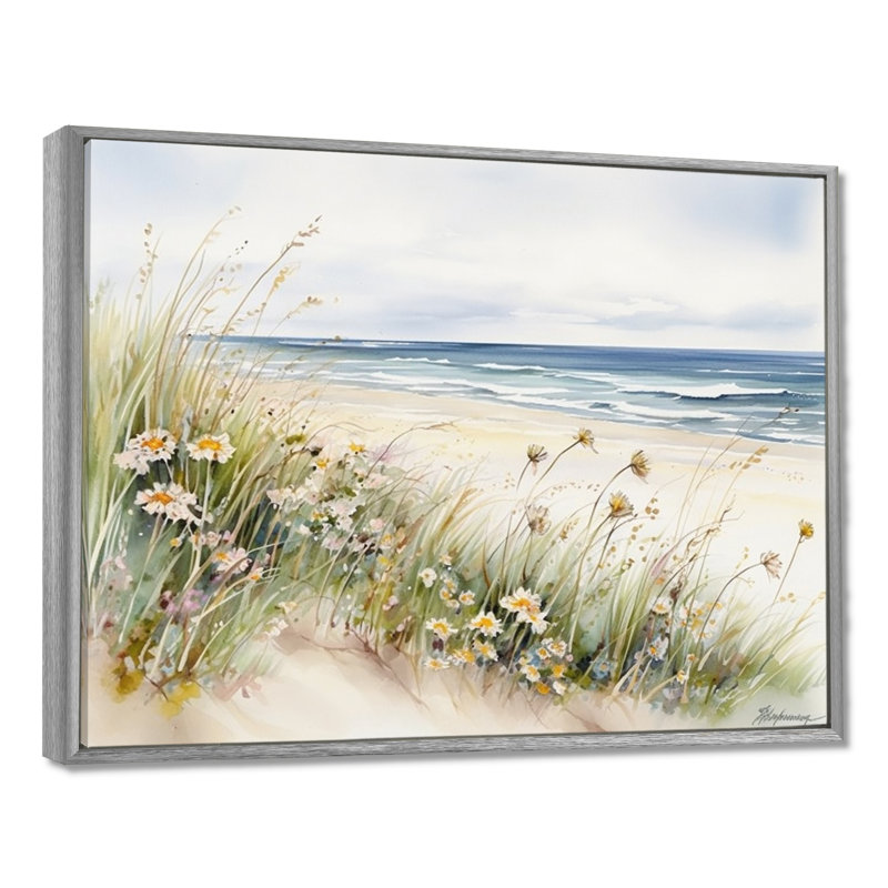 Fleurs sauvages sur la plage - Art mural fleurs sauvages, H 30 po x l 40 po, Cadre flottant argent