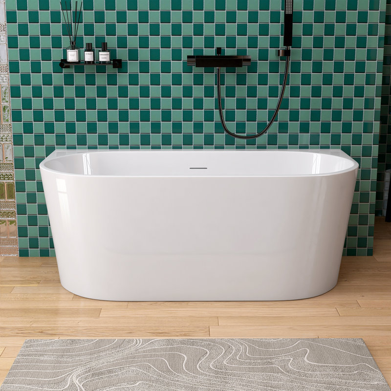 59" X29.5" Freestanding Soaking Acrylic Bathtub Back To Wall Corner Tub