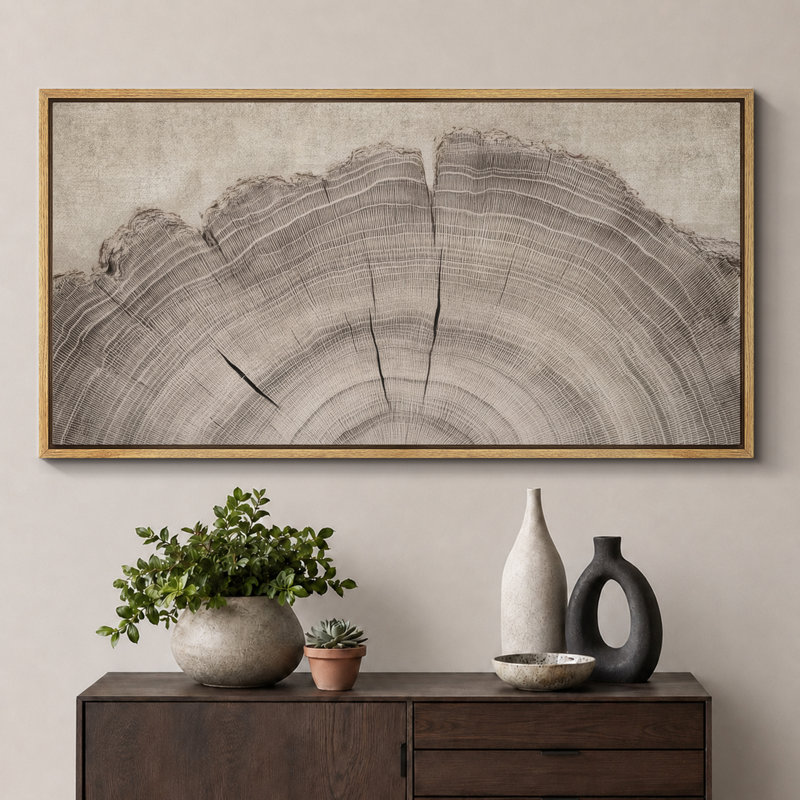 Grande impression sur toile encadrée - Anneaux d'arbre pour décoration intérieure moderne, H 30 po x l 60 po, Naturel