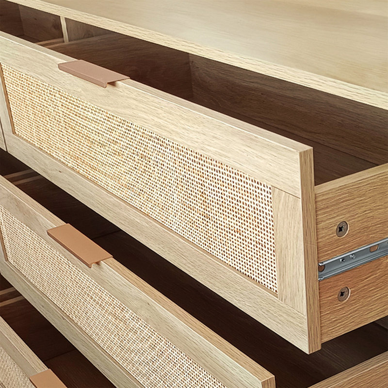 Natural Oak and Rattan 6-Drawer Storage Cabinet