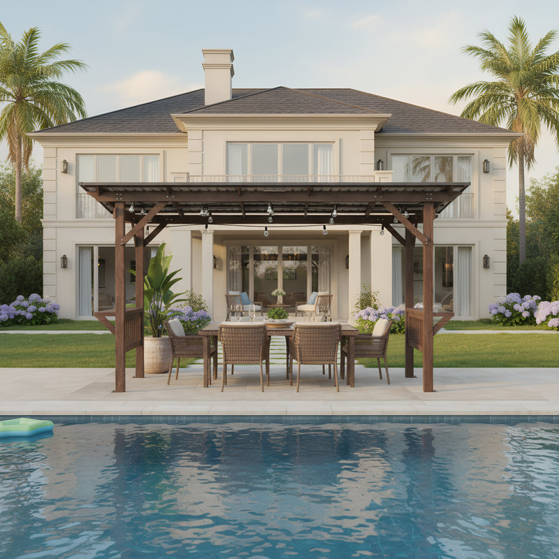13' x 6.5' Wooden Pergola Grill Gazebo featuring Metal Roof, Lighting Bulbs, and Bar Counters