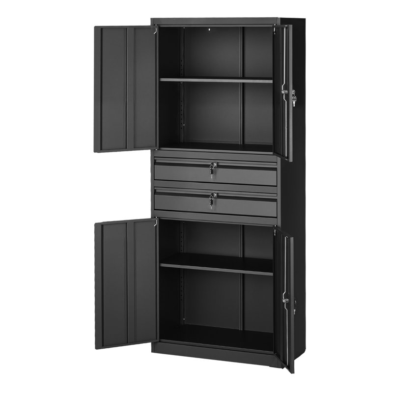 Metal Storage Cabinet, 180 lbs Shelf Load Capacity, 70.87" Tall Garage Tool Storage Cabinet with 4 Locking Doors and Adjustable Shelves, 2 Drawers, for Garage, Home, Office, Utility Room, Black
