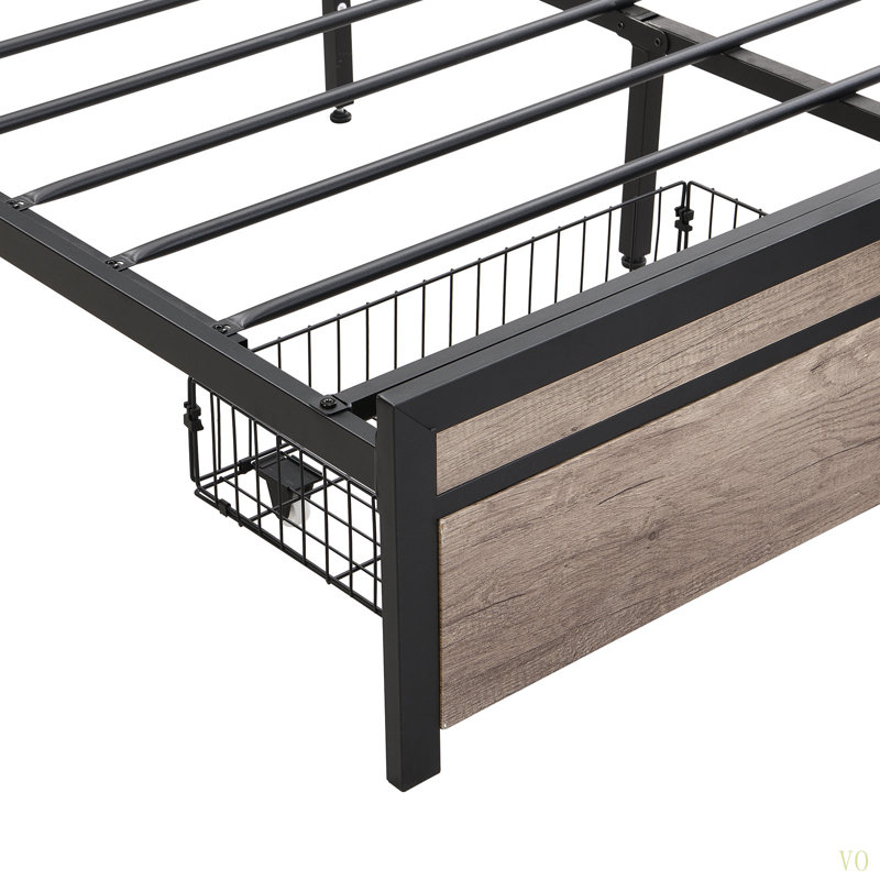 Base de lit plateforme pleine grandeur en métal avec tête de lit avec fonction de rangement rembourrée, doublure USB et pied de lit avec tiroirs, aucun sommier nécessaire, grand rangement sous le lit, assemblage facile