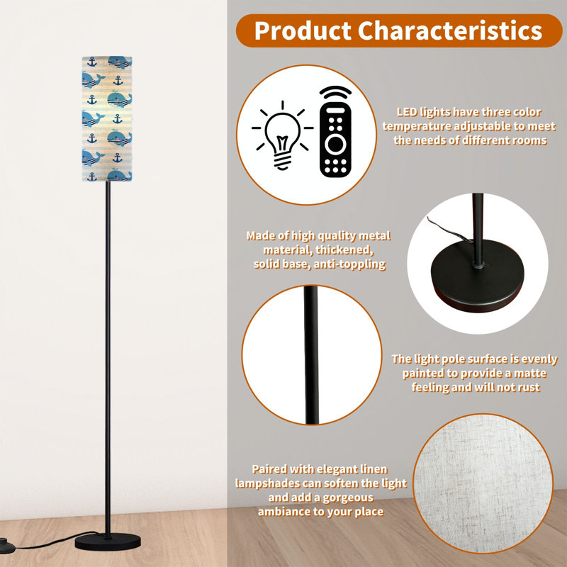  68.5" Standing Floor Lamp Cute Blue Whale Anchor Nautical Seamless Striped Dimmable Metal Pole Lamp with Linen Lampshade LED Bulb Included
