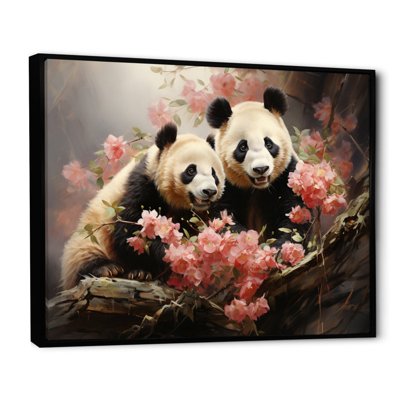 Damarrion China Pandas Playful II sur toile, 34" H x 44" W, Cadre flottant noir