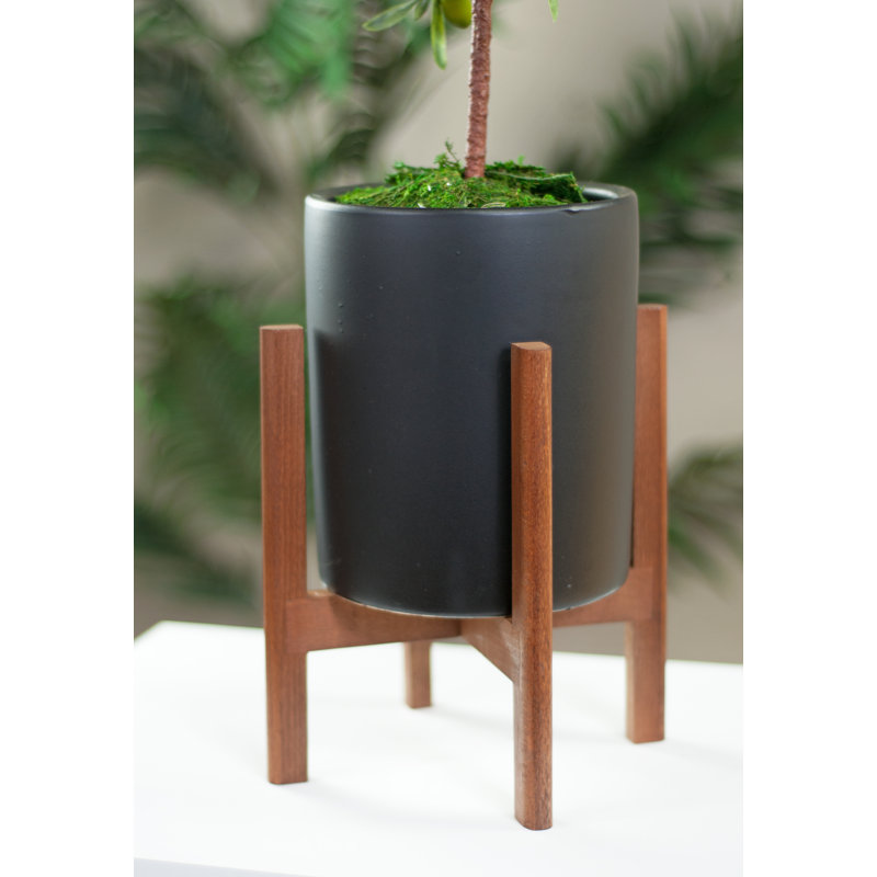Jardinière en céramique Baraka, H 9 po x l 6,7 po x P 6,7 po (support inclus), Noir / Noyer
