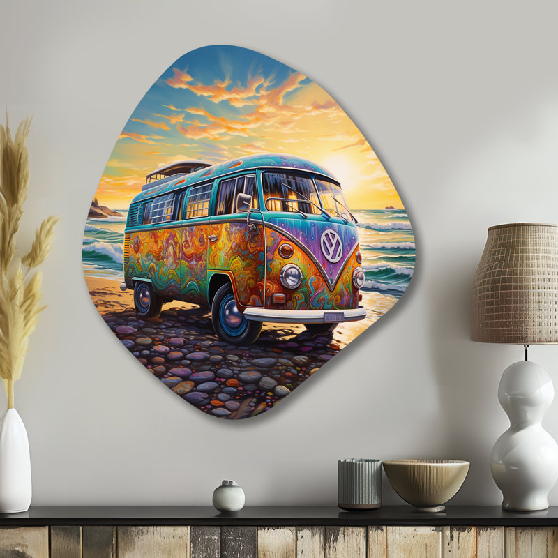ëMagic Hippie Bus On The Beach - Car Van Nebula Shapeë, art mural asymétrique en métal, H 35 po x l 31 po