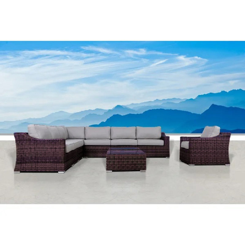 Ensemble de conversation pour 7 personnes avec coussins Biles Wicker, Brun