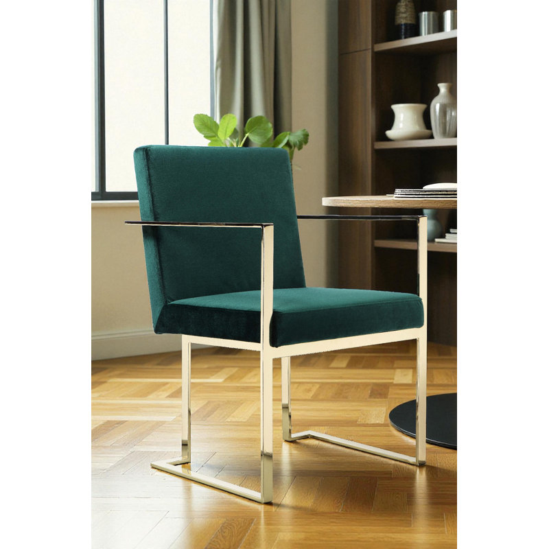 Fauteuils de salle à manger/chambre à coucher modernes en velours capitonné Dexter – Fauteuils d'intérieur avec pieds en acier doré ou argenté – Idéal pour la salle à manger, la chambre ou le salon – Velours vert et pieds dorés