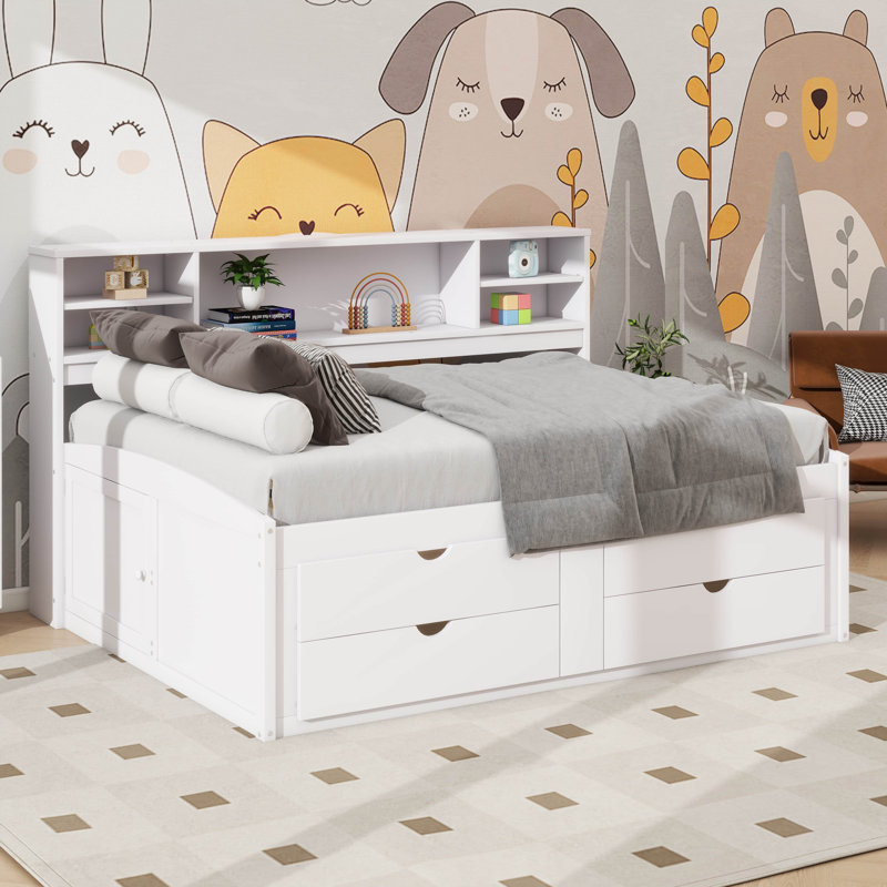 Lit de jour en bois avec deux tablettes et tiroirs, Blanc