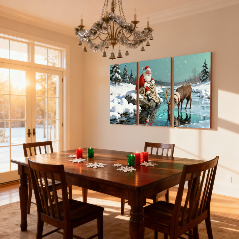 Noël, père Noël, renne, rivière d'hiver, paysage enneigé, ensemble de 3 impressions sur toile, H 18 po x l 36 po