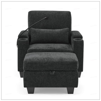 Single Sofa Recliner with Adjustable Backrest, USB Charging, Phone Stand, Hidden Storage, and Matching Ottoman