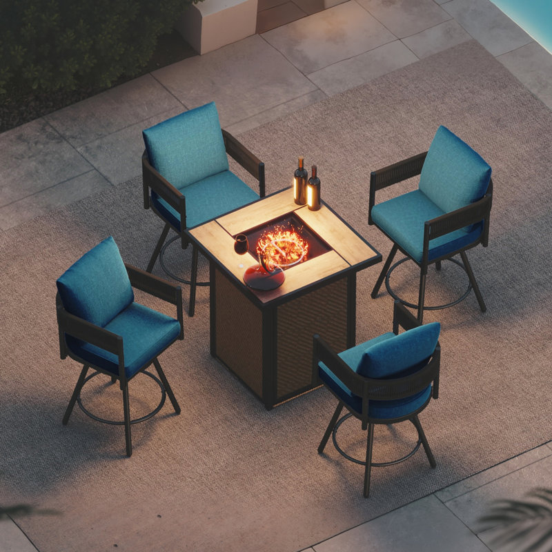 Tabourets de bar d'extérieur en acier 5 pièces avec foyer Maine, Brown Wicker/Peacock Blue